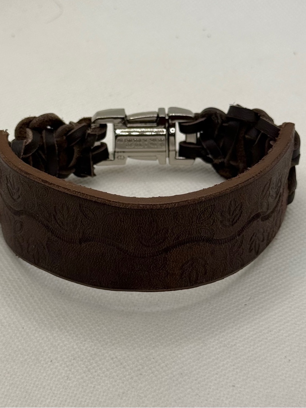 Handmade Brown Embossed Leather Cuff Bracelet with Braided Ends